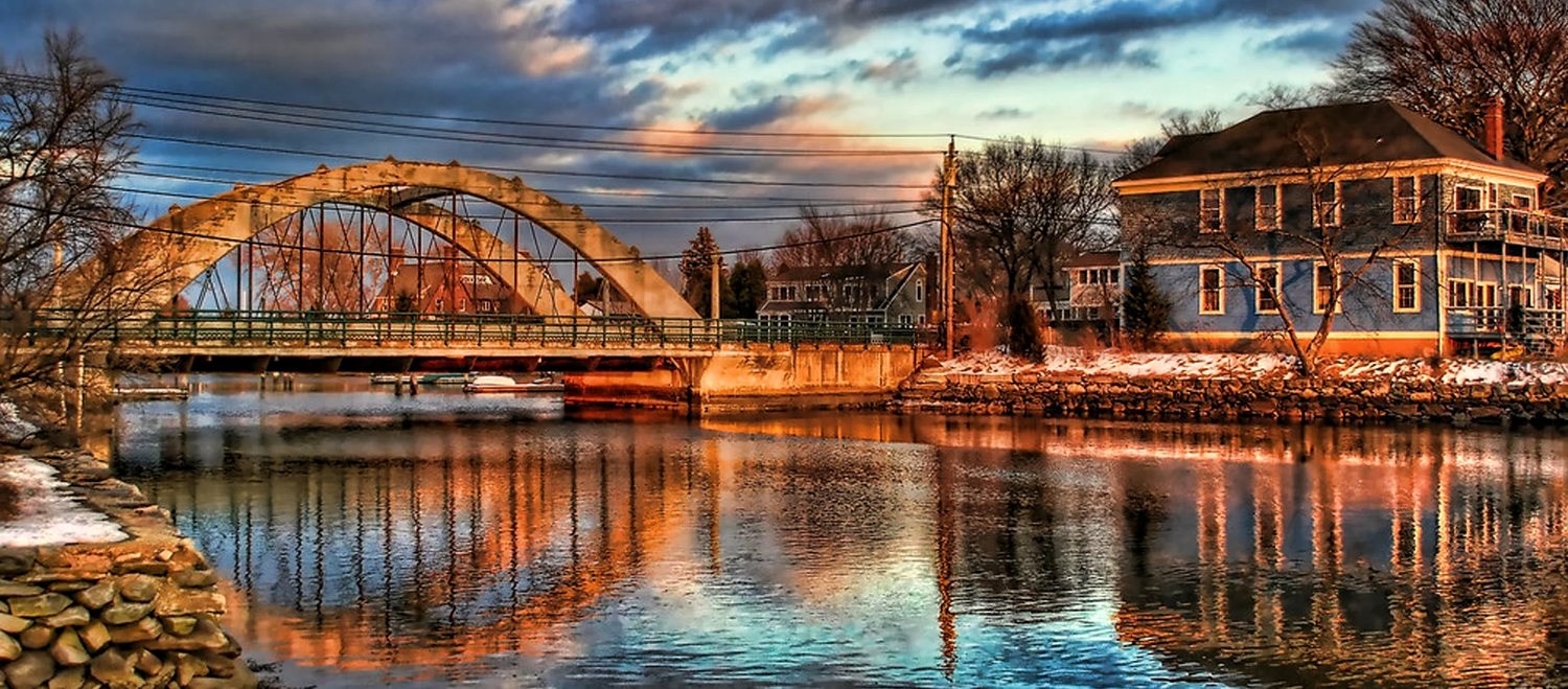 A Rhode Island village bridge at dusk